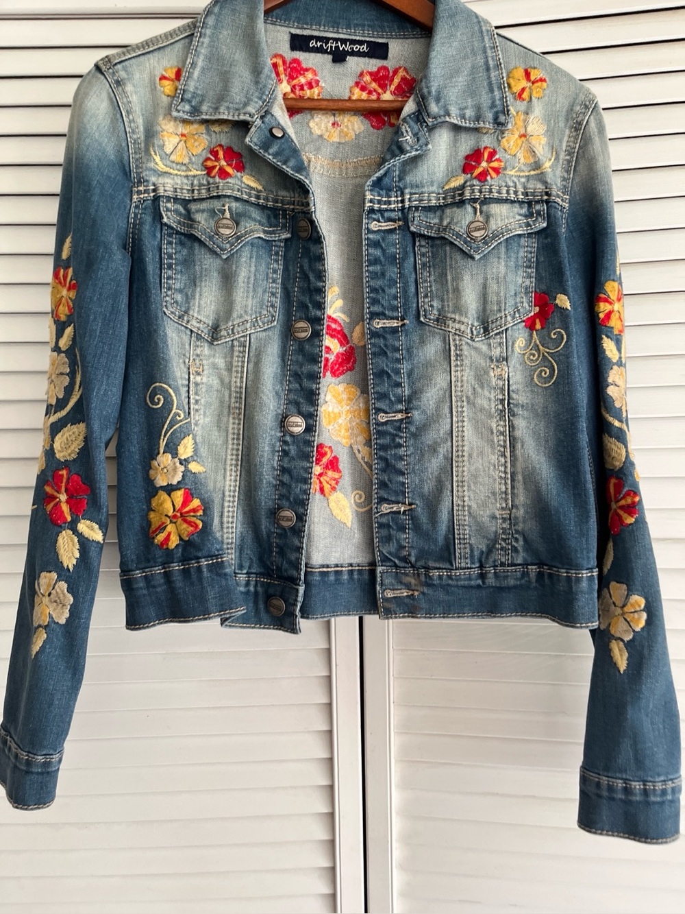 DRIFTWOOD Blue Denim Jacket with Red & Yellow Floral Embroidery